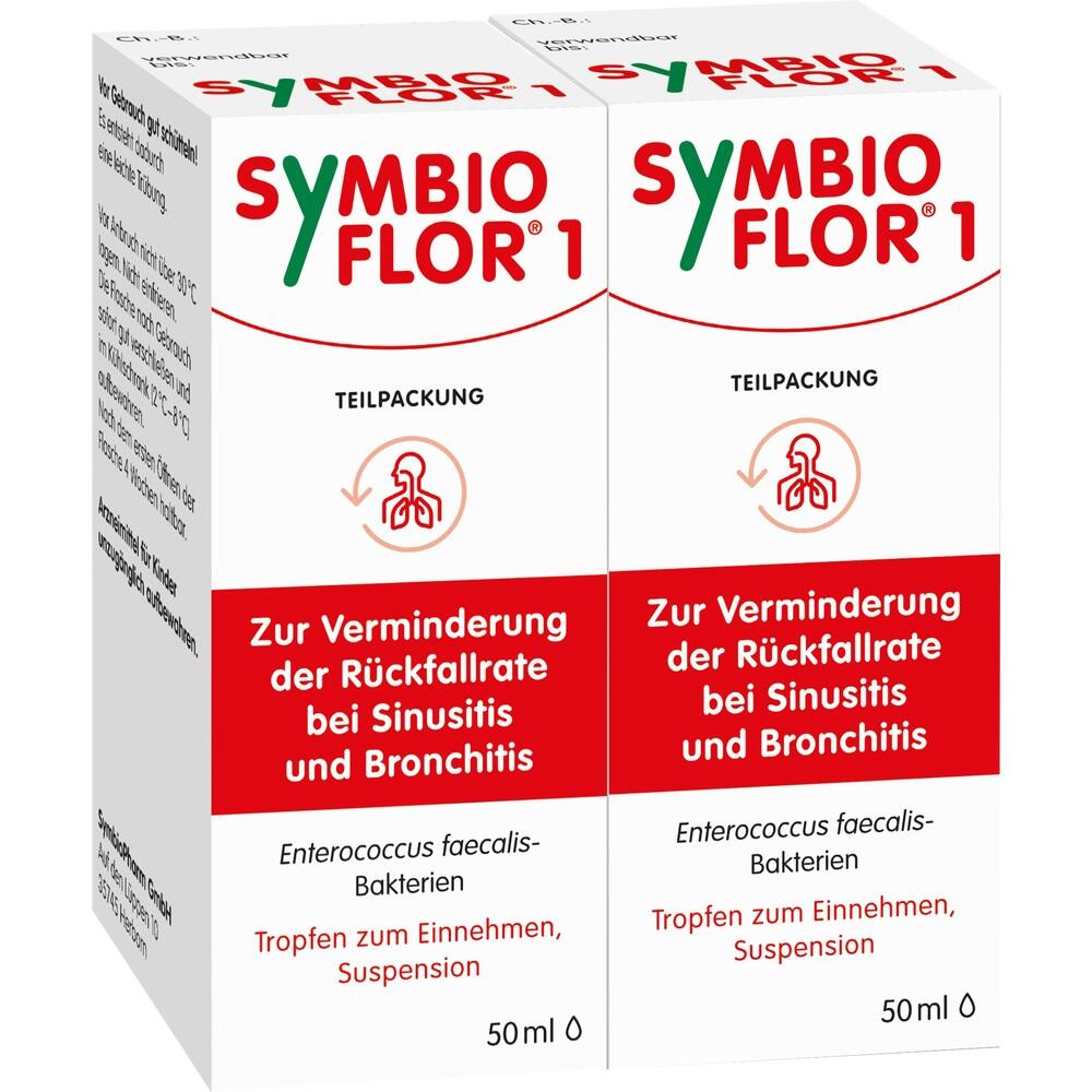 Zwei Packungen Symbioflor 1 Tropfen zur Linderung von Sinusitis und Bronchitis.
