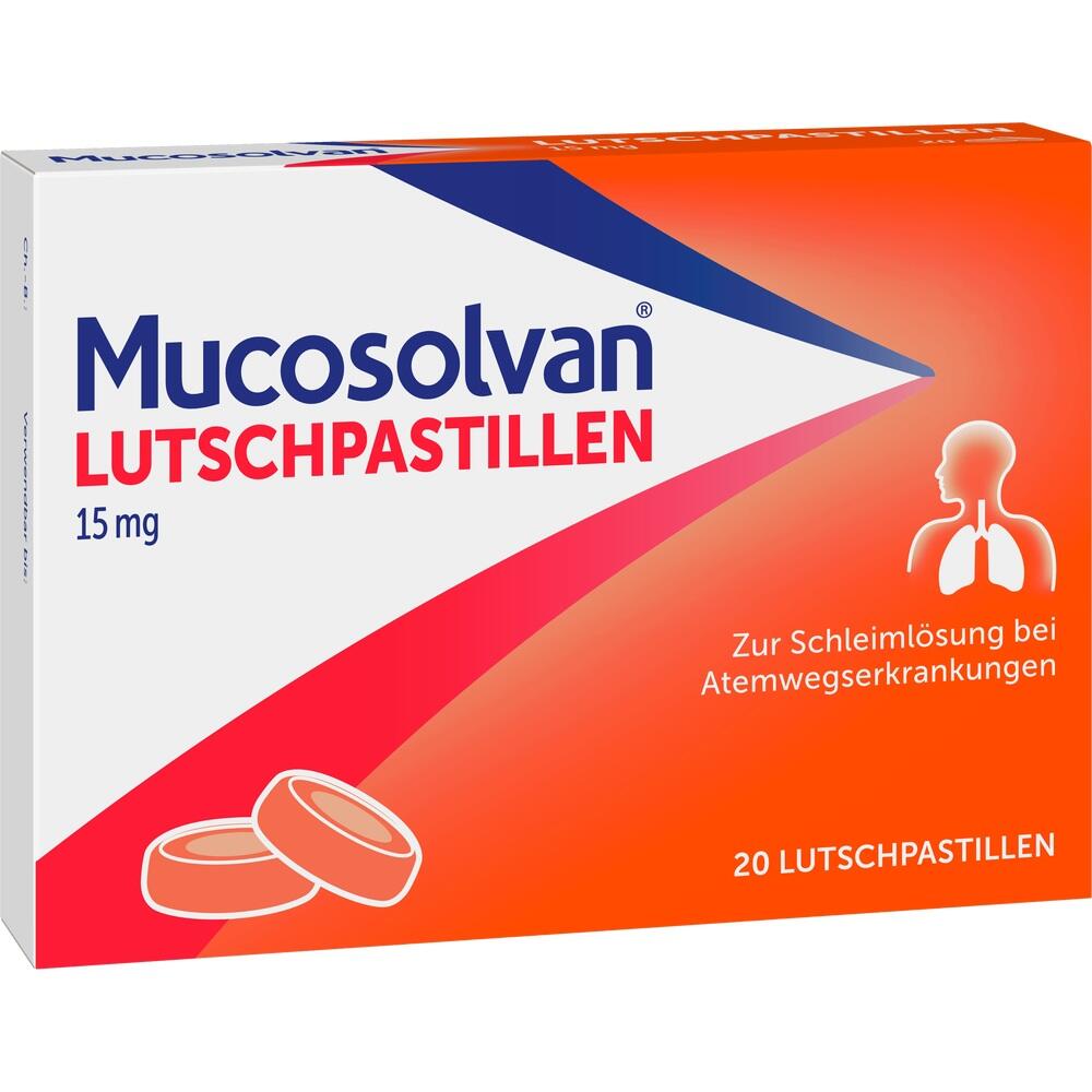 Packung mit Lutschpastillen zur Schleimlösung bei Atemwegserkrankungen.