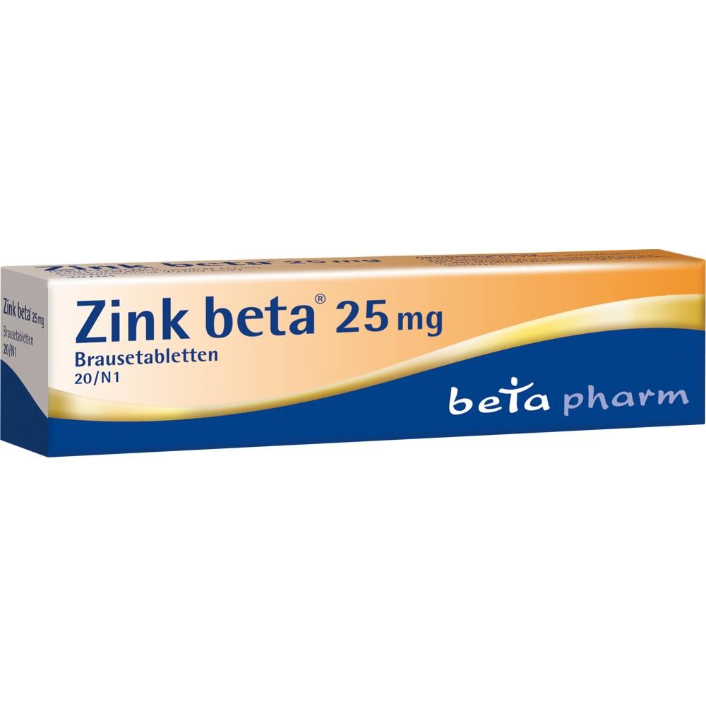 Eine orange-weiße Schachtel mit dem Text "Zink beta 25 Brausetabletten".
