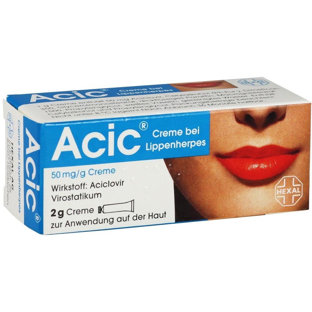 Eine Creme-Verpackung gegen Lippenherpes mit Bild von roten Lippen.