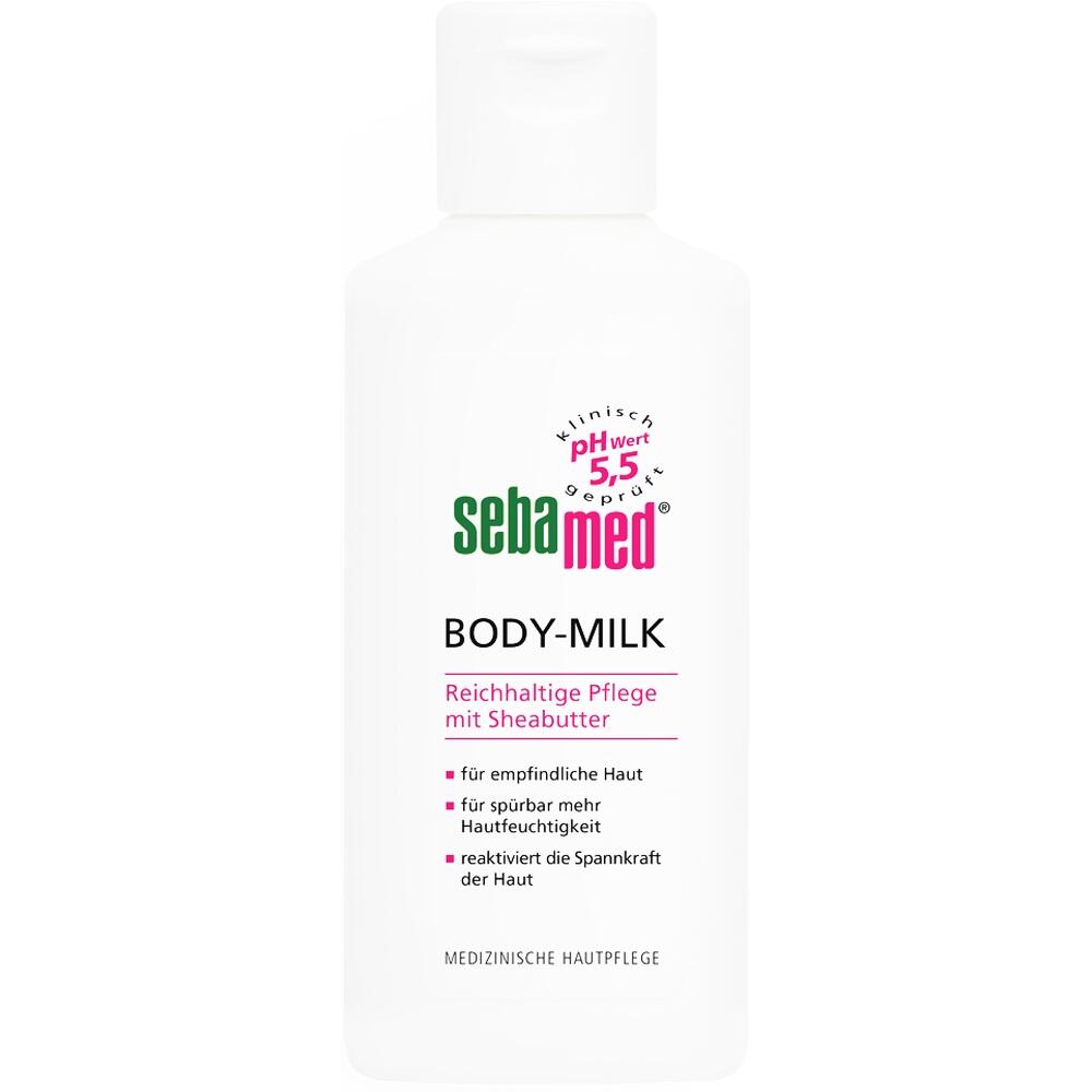 Wei&szlig;e Flasche mit Sebamed Body-Milk f&uuml;r Feuchtigkeitspflege.