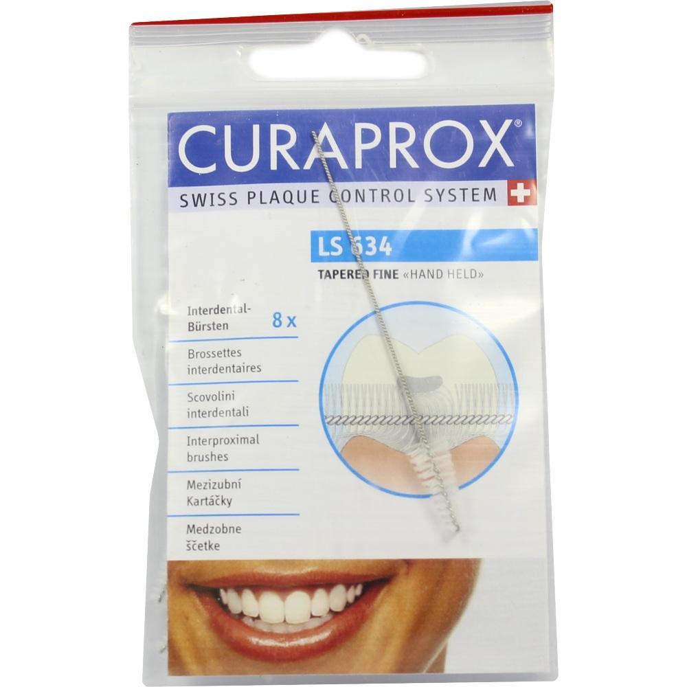 Verpackung von Interdentalbürsten der Marke Curaprox mit sichtbarer Bürste und lächelnder Mund.