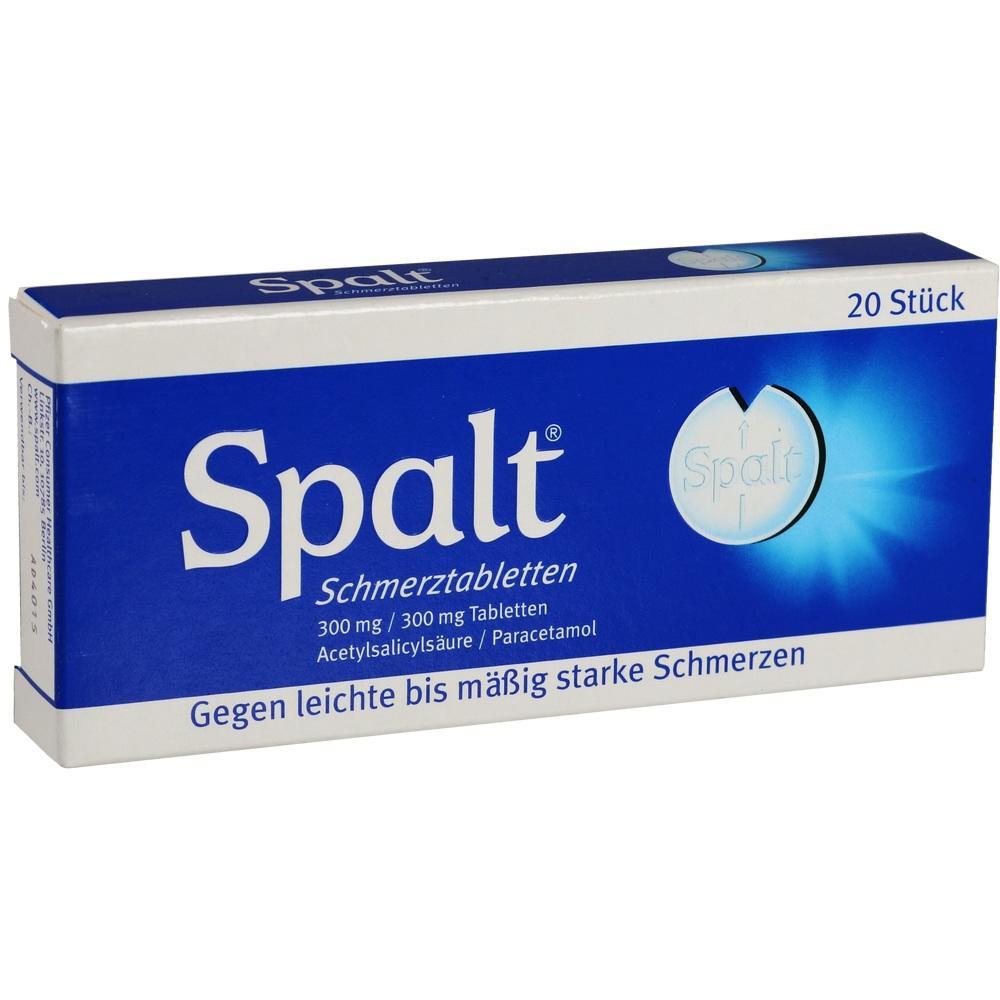 Eine blaue Verpackung von Spalt Schmerztabletten, gegen leichte bis mäßig starke Schmerzen.