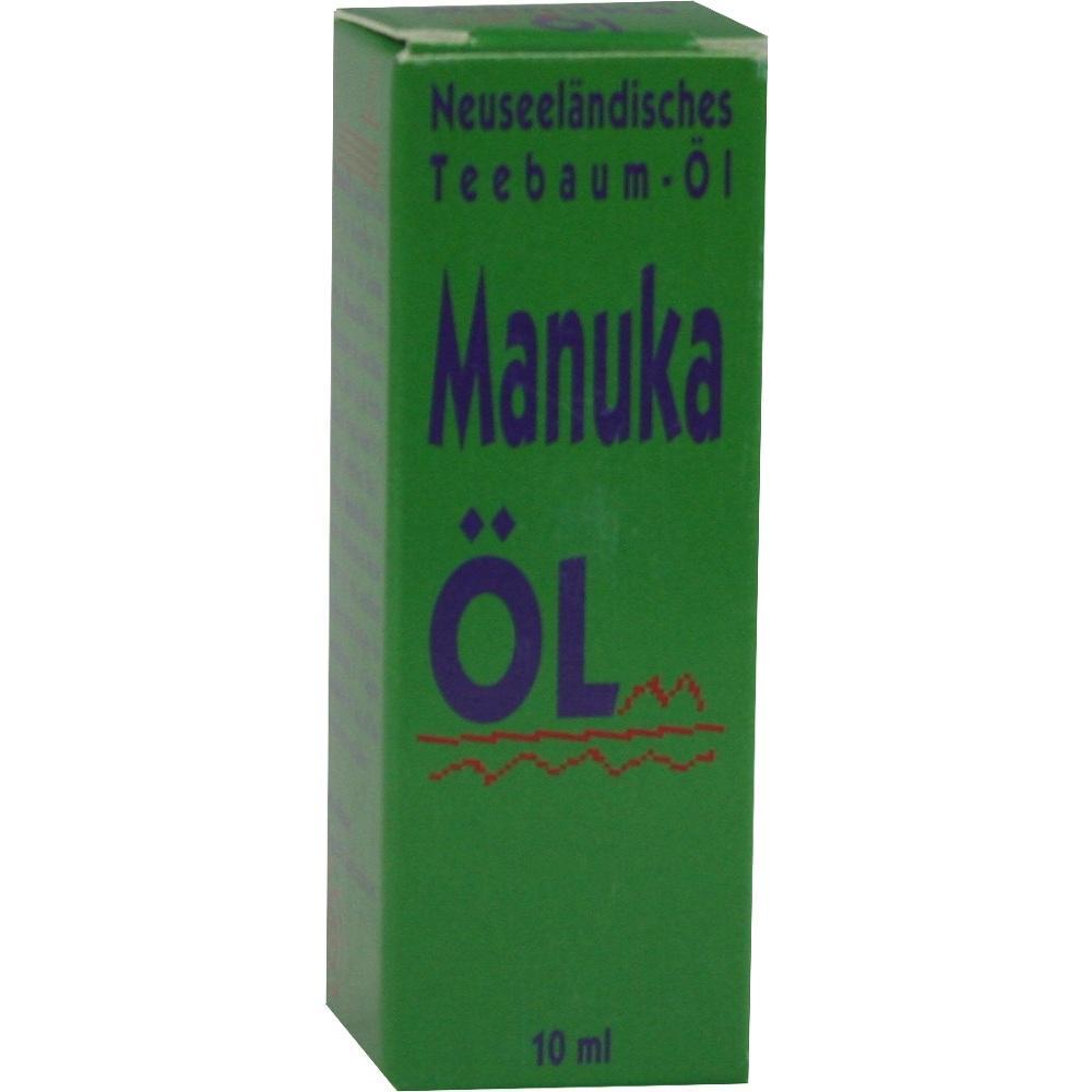 Grüne Verpackung von neuseeländischem Teebaumöl mit dem Schriftzug "Manuka Öl 10 ml".