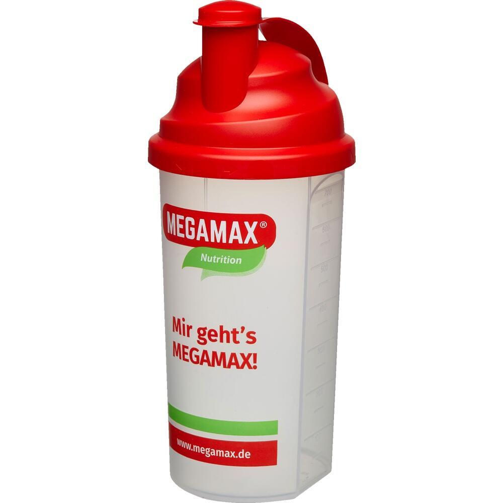 Ein weißer Shaker mit rotem Deckel und der Aufschrift "Mir geht's MEGAMAX!"