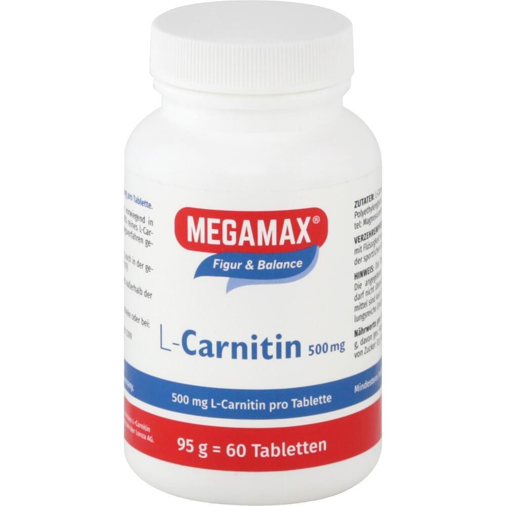 Weiße Flasche mit MEGAMAX L-Carnitin Tabletten, 60 Stück.