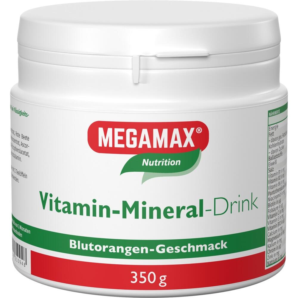 Weiße Dose mit rotem Deckel, darauf steht "Vitamin-Mineral-Drink" mit Blutorangen-Geschmack.