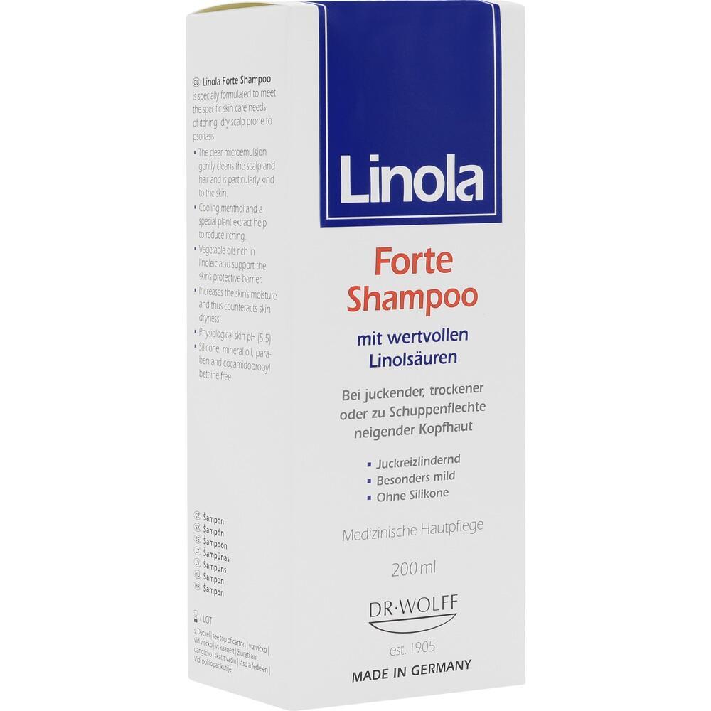 Eine wei&szlig;e Shampoo-Verpackung von Linola mit blauer und roter Schrift.