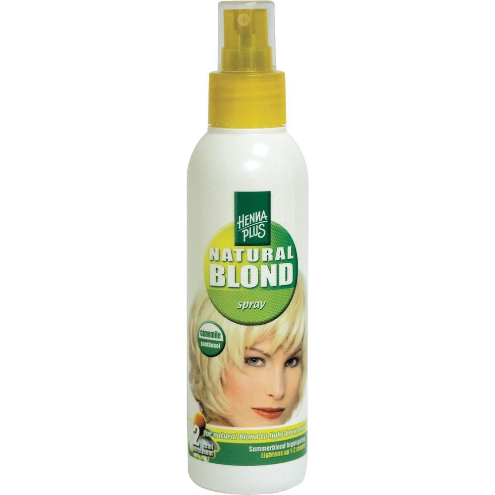 Gelbes Spray mit der Aufschrift "Natural Blond" auf einer Flasche.