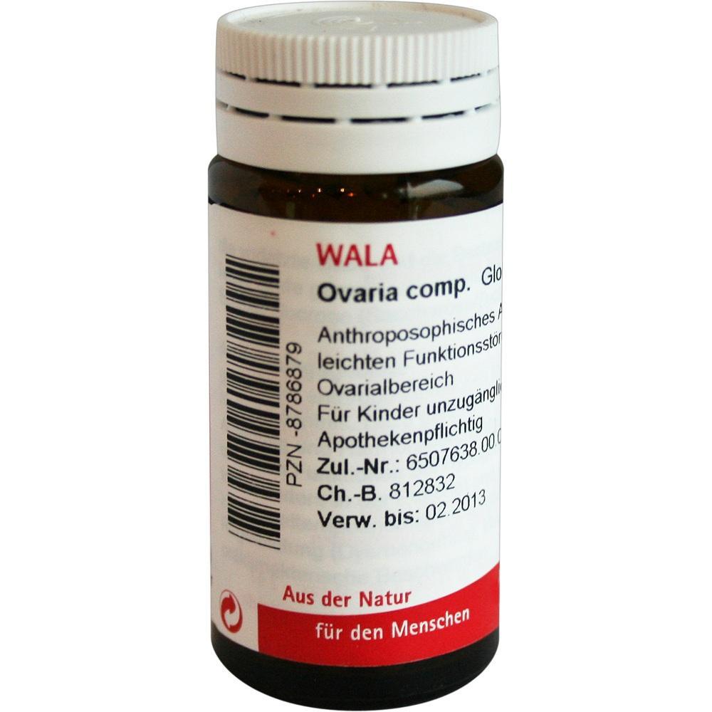 Braunes Fläschchen mit weißem Etikett und rotem Text "Ovaria comp. Globuli".