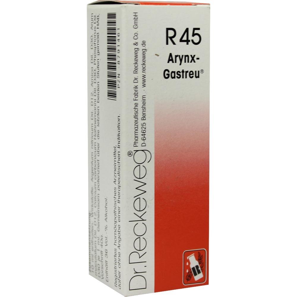 Eine rote und wei&szlig;e Verpackung mit der Aufschrift "R45 Arynx-Gastreu".
