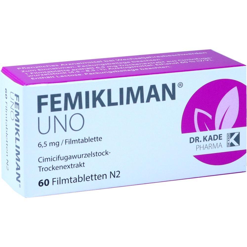 Eine Schachtel mit 60 FEMIKLIMAN UNO Filmtabletten zur Linderung von Wechseljahresbeschwerden.