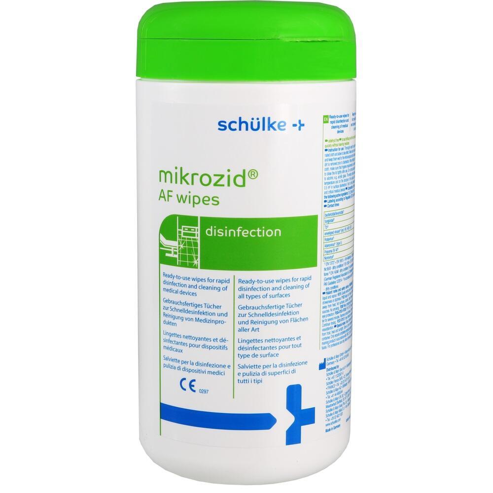 Eine gr&uuml;ne Dose mit Desinfektionst&uuml;chern der Marke "mikrozid".