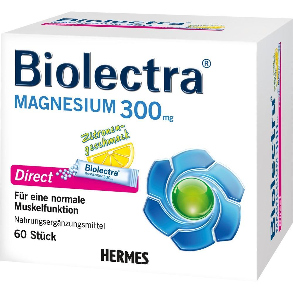 Weiße Packung Biolectra Magnesium 300 mg mit Zitronengeschmack und blauer Blume.