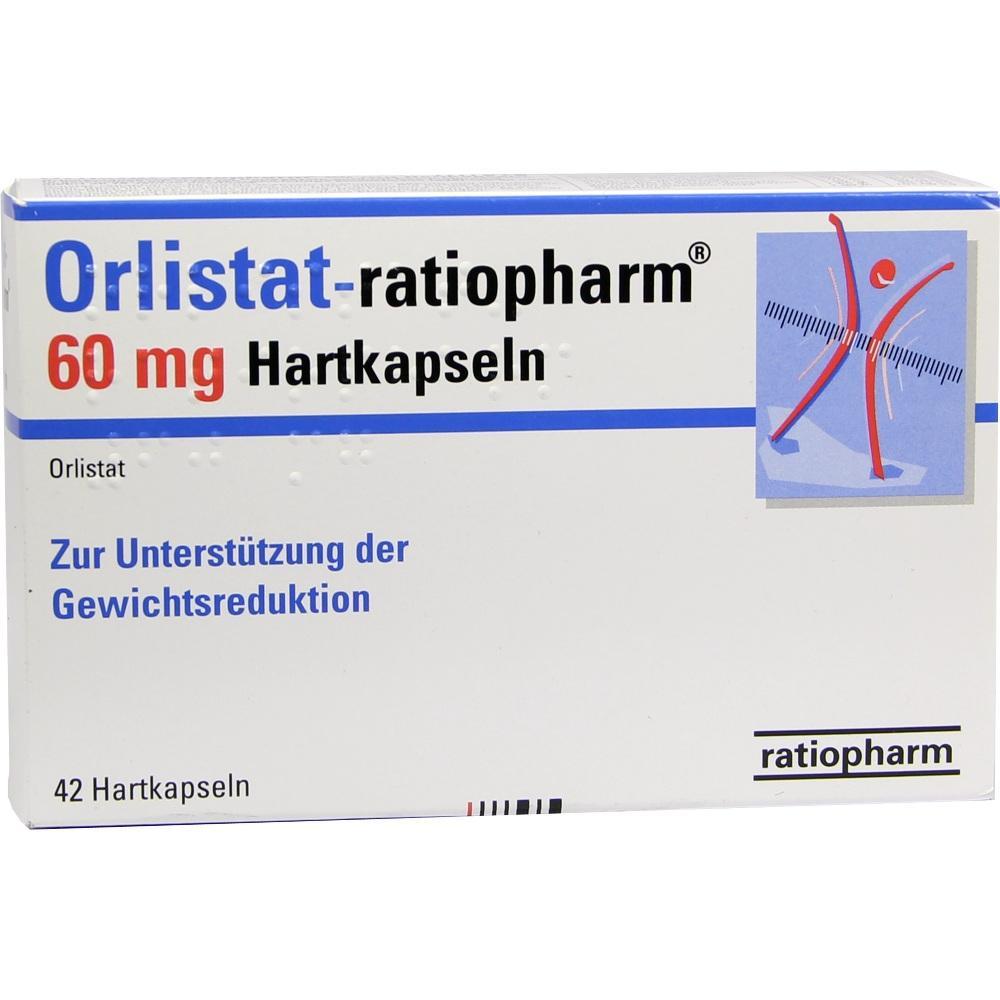 Packung Orlistat-ratiopharm 60 mg Hartkapseln zur Unterstützung bei Gewichtsreduktion.