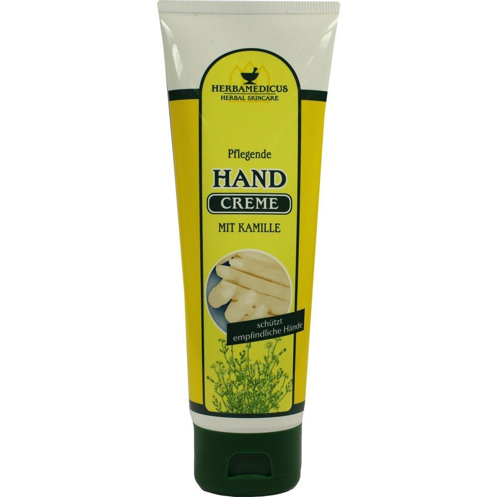 Gelbe Tube mit Handcreme, darauf Kamille-Bild und Text "Pflegende Handcreme mit Kamille".
