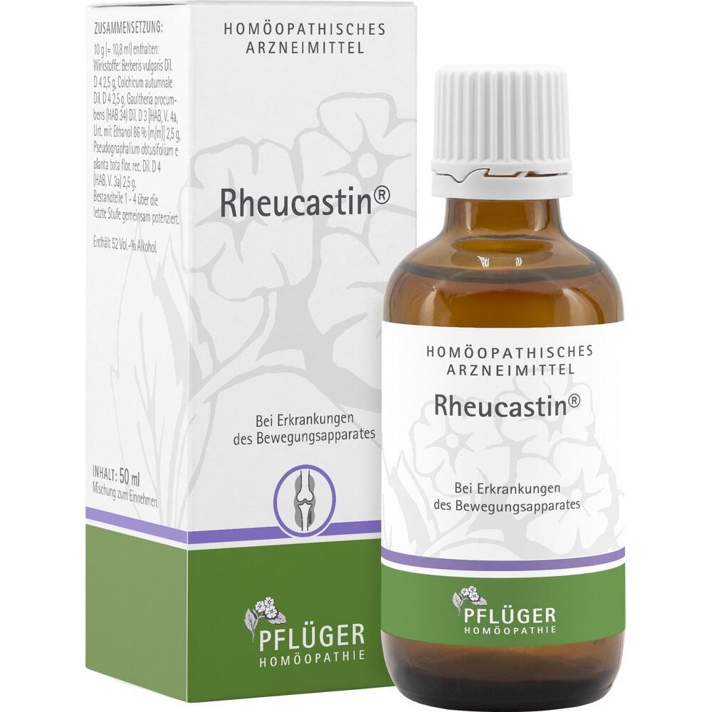 Eine Flasche und Verpackung von Rheucastin, einem hom&ouml;opathischen Arzneimittel.