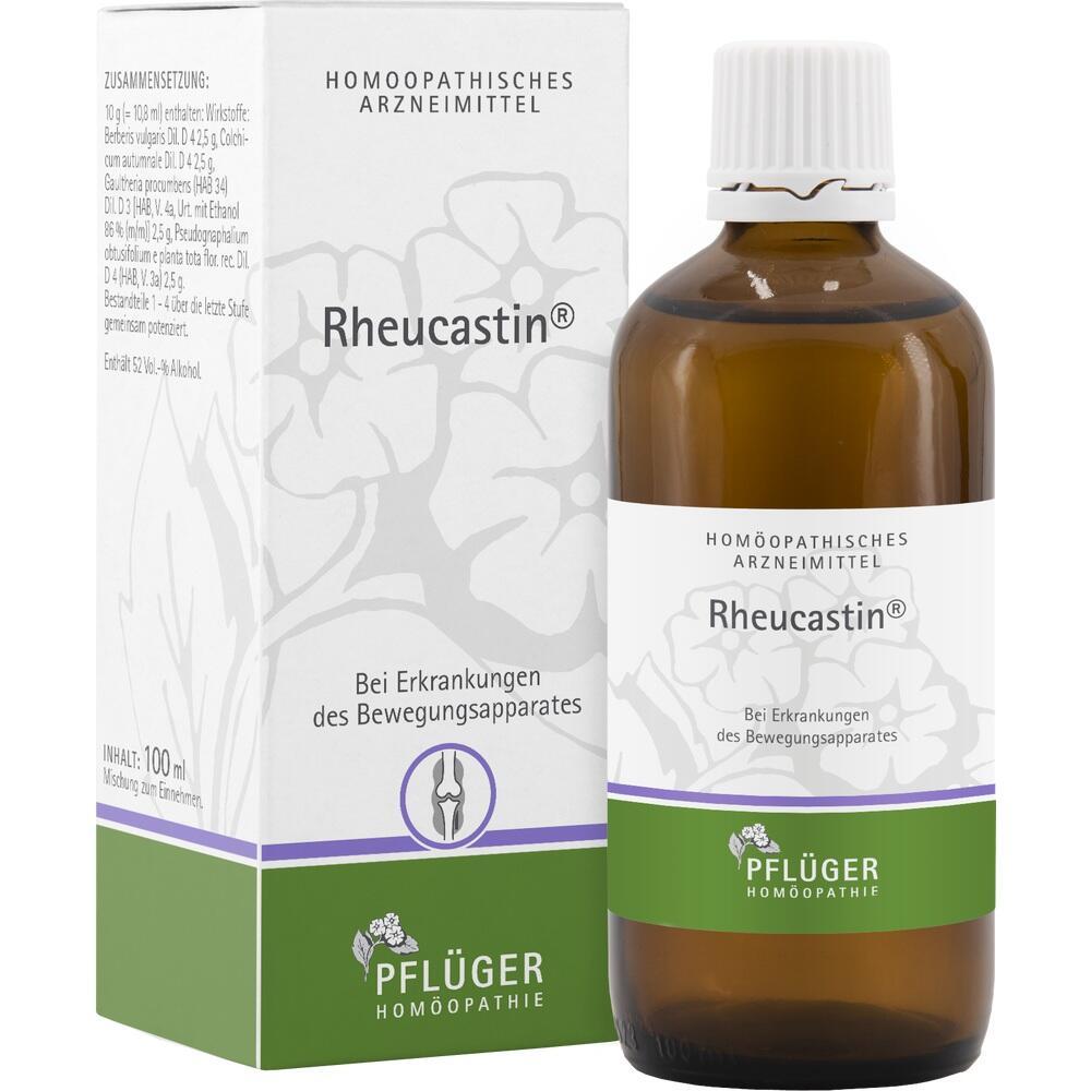 Braune Flasche und wei&szlig;e Verpackung eines hom&ouml;opathischen Arzneimittels namens Rheucastin.