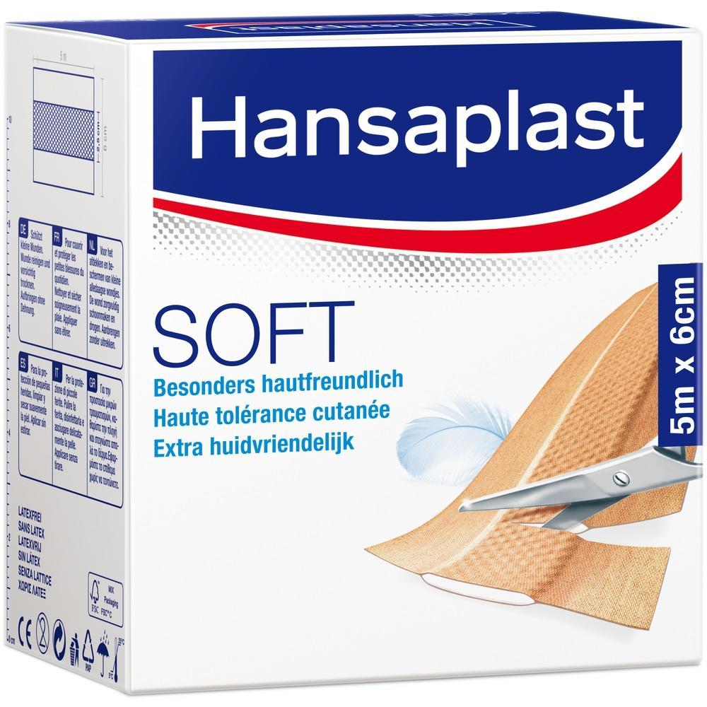 Eine Packung mit hautfreundlichem Pflaster von Hansaplast, 5 Meter lang und 6 cm breit.