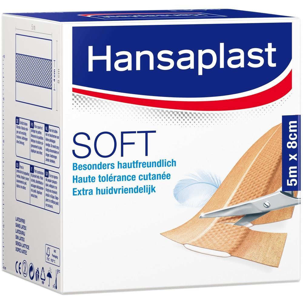 Verpackung einer hautfreundlichen Pflasterrolle von Hansaplast mit Schere und Feder.