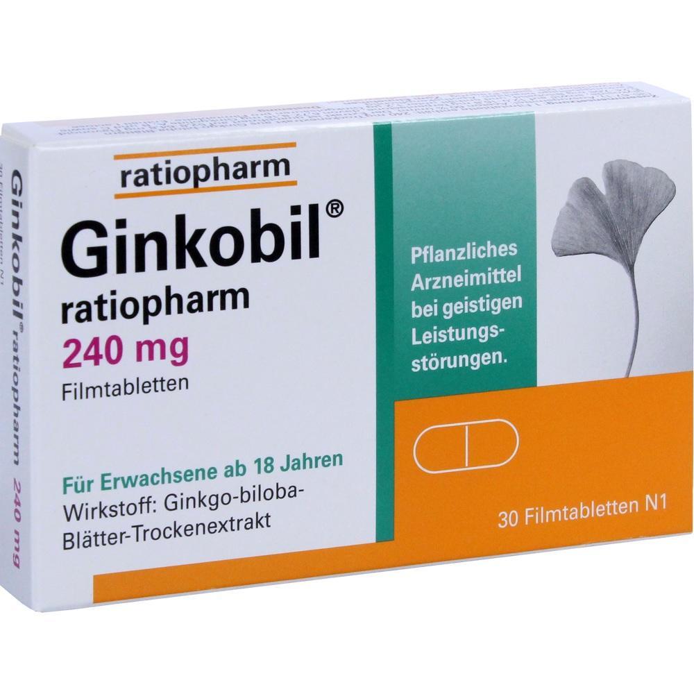 Verpackung von Ginkobil Filmtabletten, ein pflanzliches Arzneimittel für Erwachsene ab 18 Jahren.