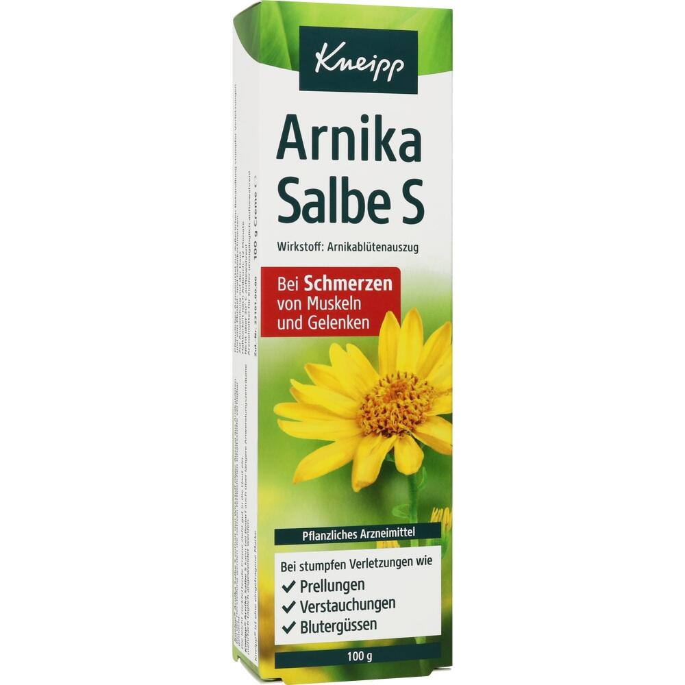 Verpackung von Arnika Salbe mit gelber Blume, hilft bei Muskel- und Gelenkschmerzen.