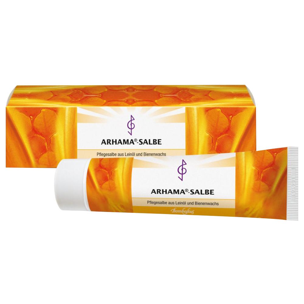 Gelbe Salbentube und Schachtel mit dem Namen "ARHAMA-Salbe".