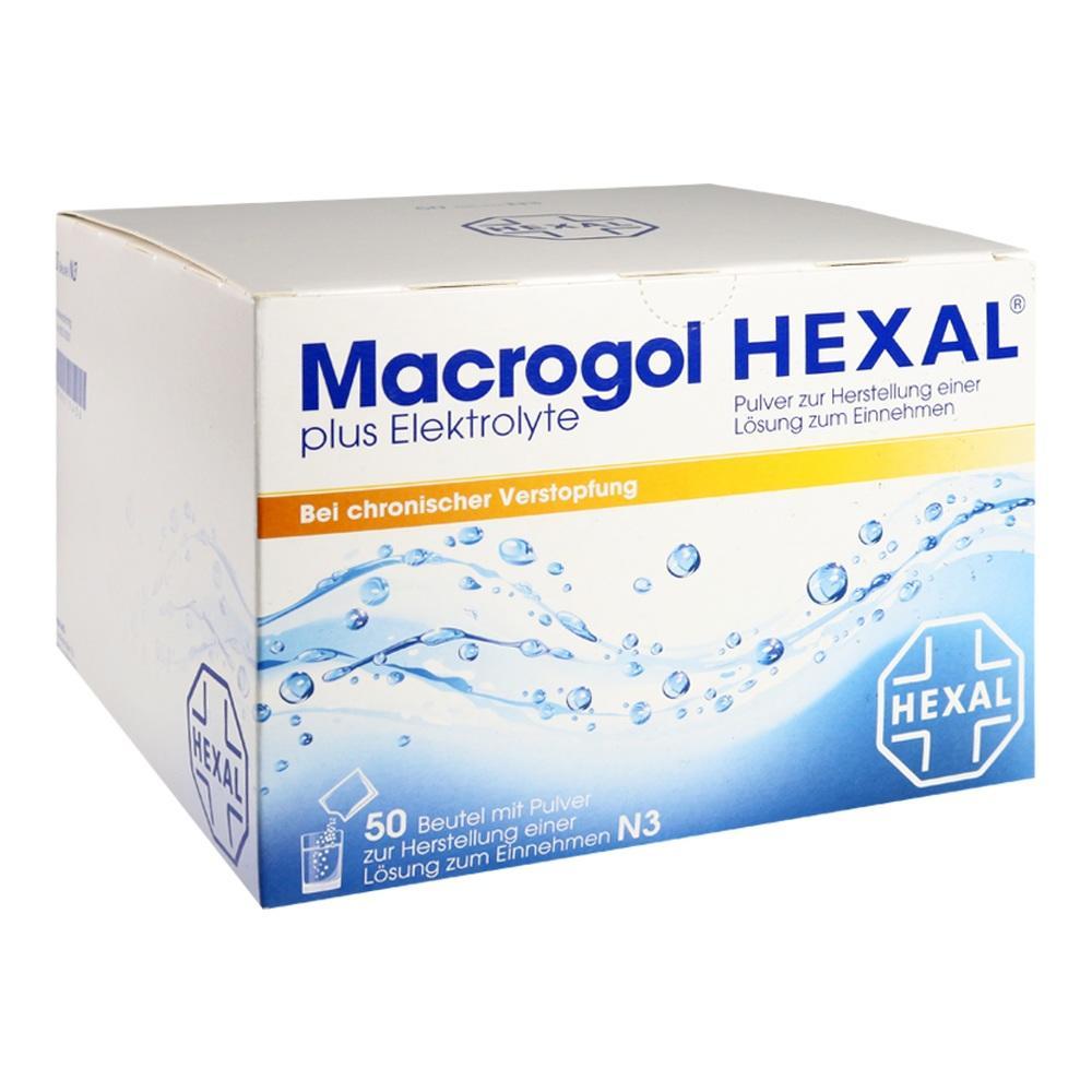 Eine weiße Packung Macrogol HEXAL gegen Verstopfung mit Wassermotiven.