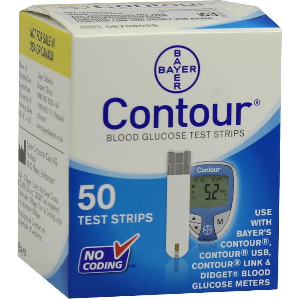 Wei&szlig;e Packung mit 50 Blutzuckerteststreifen der Marke Bayer Contour.