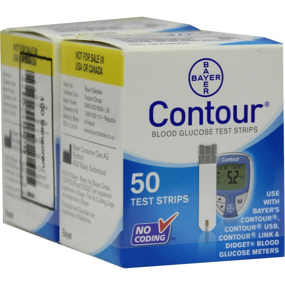Eine Packung mit 50 Blutzuckerteststreifen der Marke Contour von Bayer.