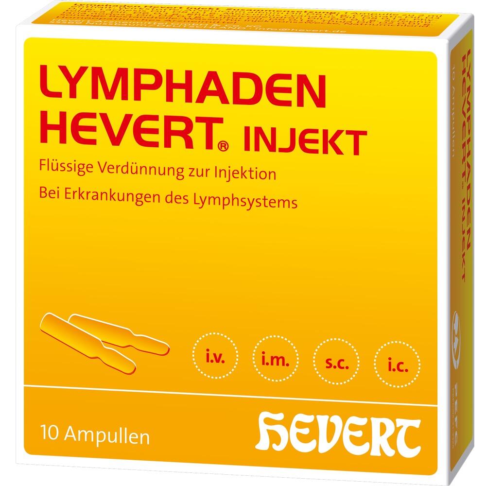 Gelbe Schachtel mit Aufschrift "Lymphaden Hevert Injekt" und 10 Ampullen zur Injektion.