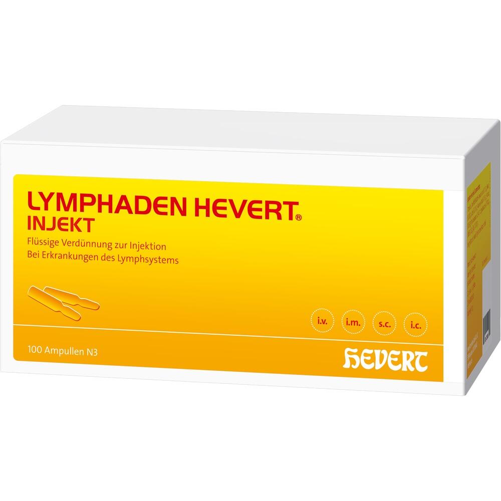 Eine gelbe Medikamentenverpackung mit der Aufschrift "Lymphaden Hevert Injekt".