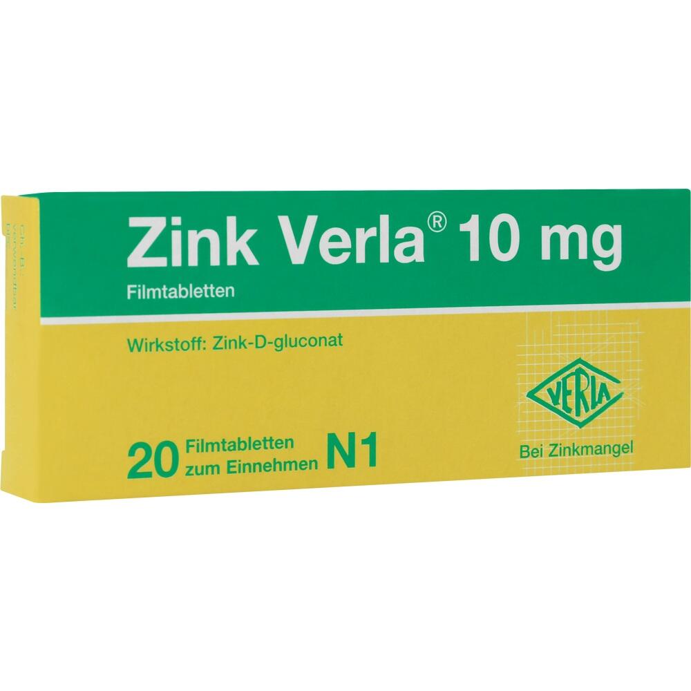 Packung von Zinktabletten in Grün und Gelb mit der Aufschrift "Zink Verla 10 mg".