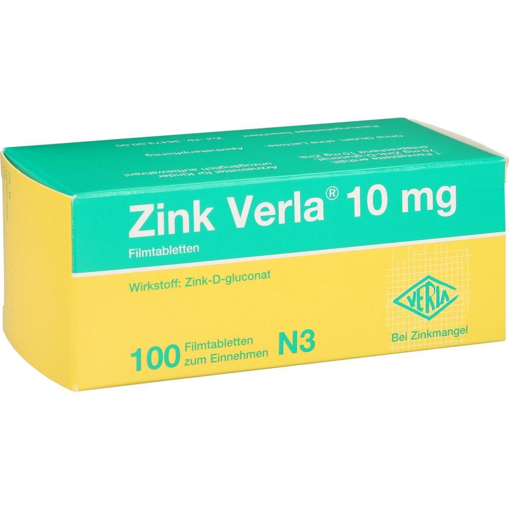 Gelbe und grüne Packung Zinktabletten "Zink Verla" mit 10 mg.