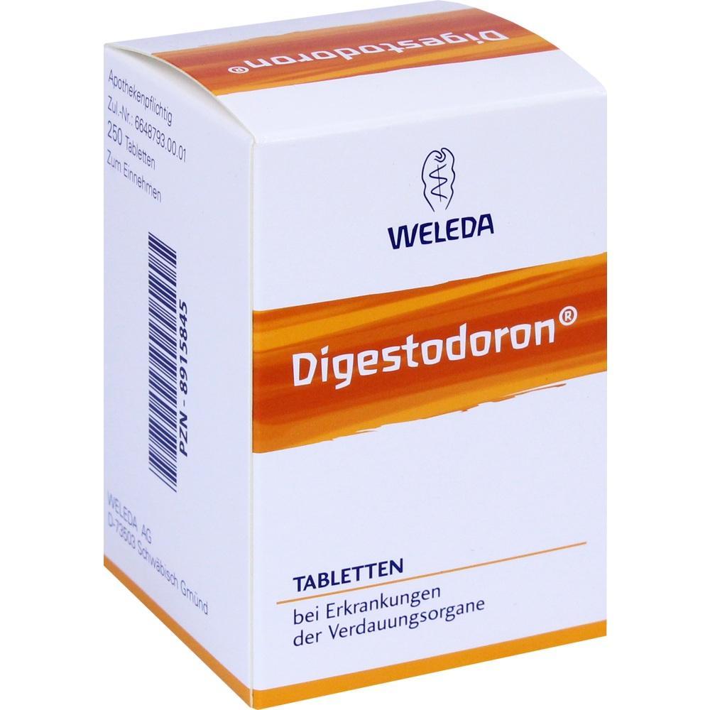 Eine Packung Tabletten für Verdauungsprobleme namens Digestodoron von Weleda.