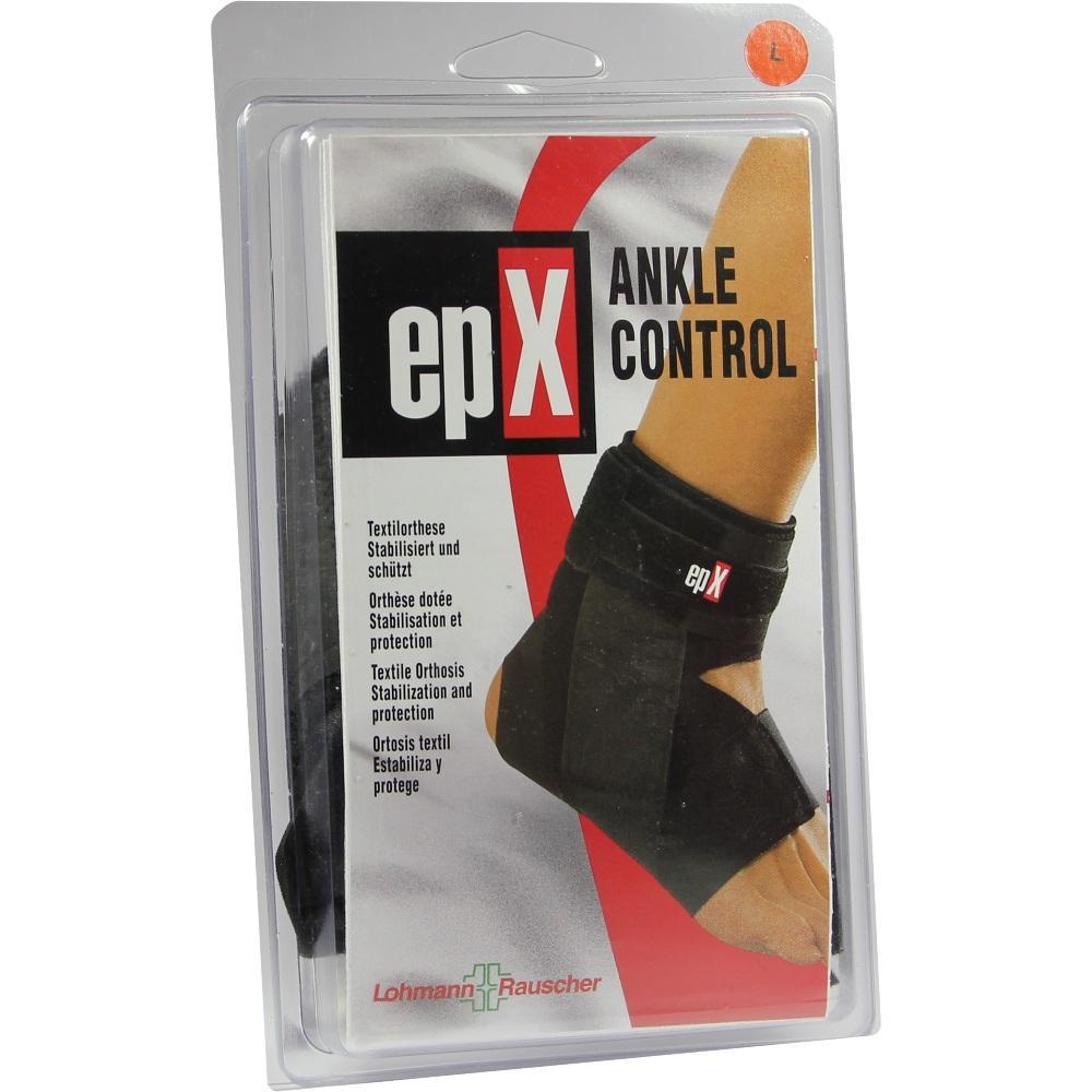 Eine Schachtel mit einer schwarzen Knöchelbandage namens "epX Ankle Control".