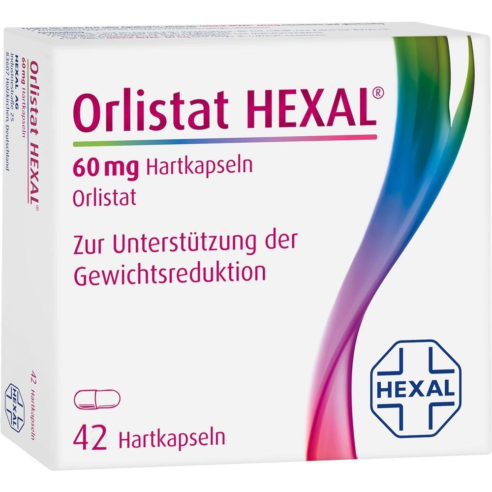 Auf der Verpackung steht "Orlistat HEXAL", ein Mittel zur Unterstützung der Gewichtsreduktion.