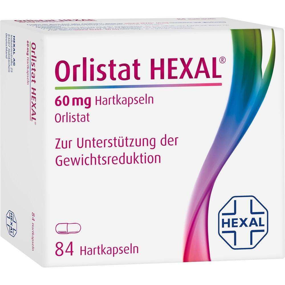 Eine Packung Orlistat Hexal mit 84 Kapseln zur Unterstützung der Gewichtsreduktion.