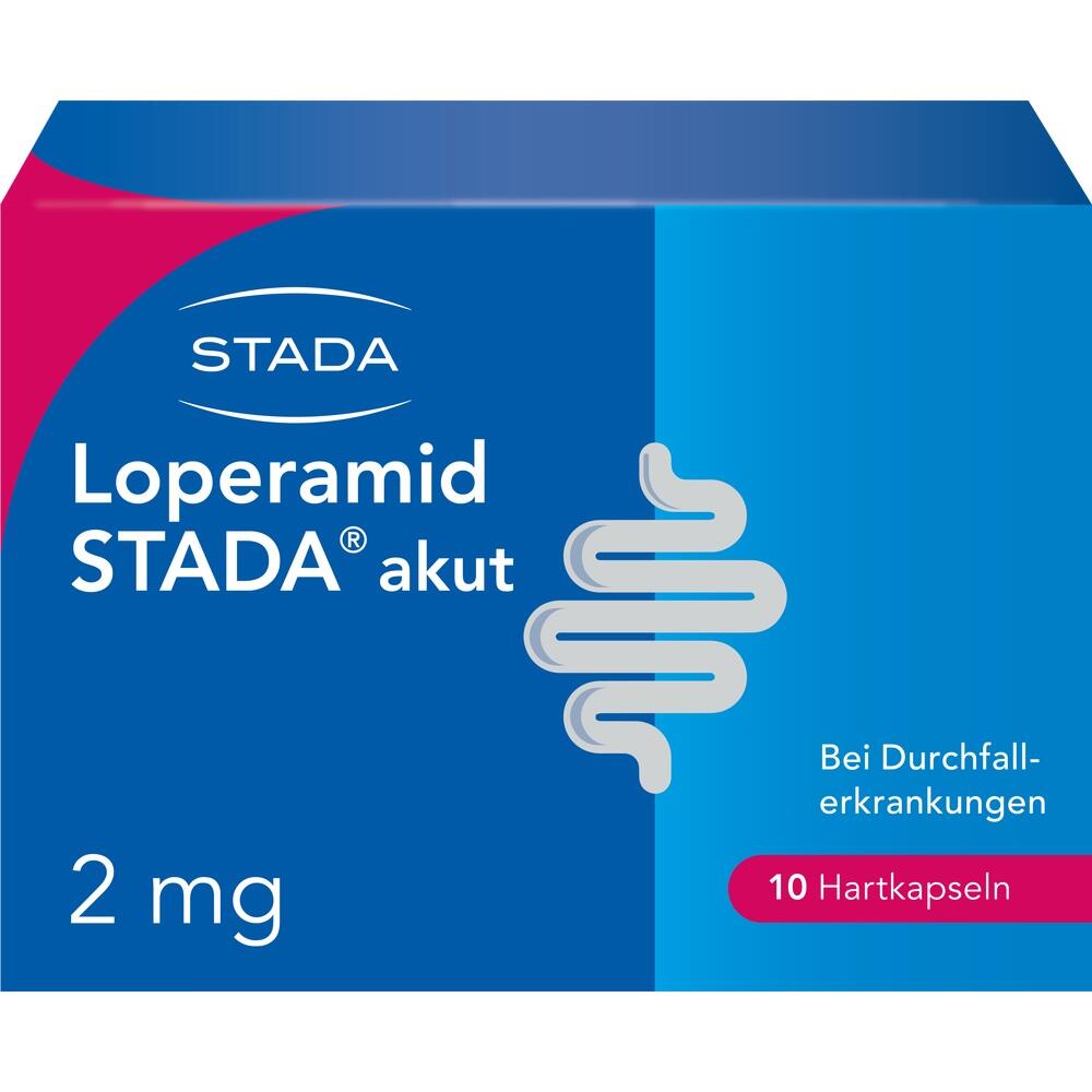 Blaue Medikamentenverpackung für Loperamid STADA gegen Durchfallerkrankungen.