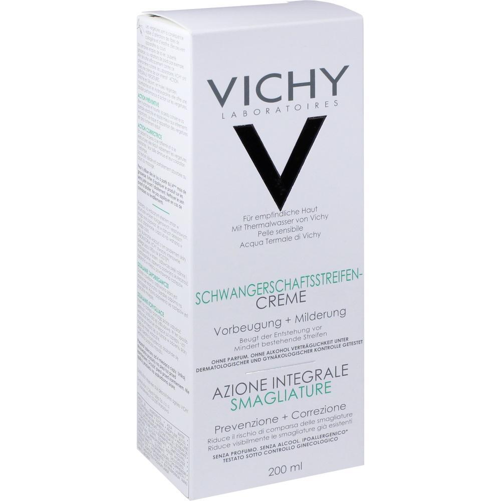 Eine weiße Packung Vichy Schwangerschaftsstreifen-Creme, 200 ml.