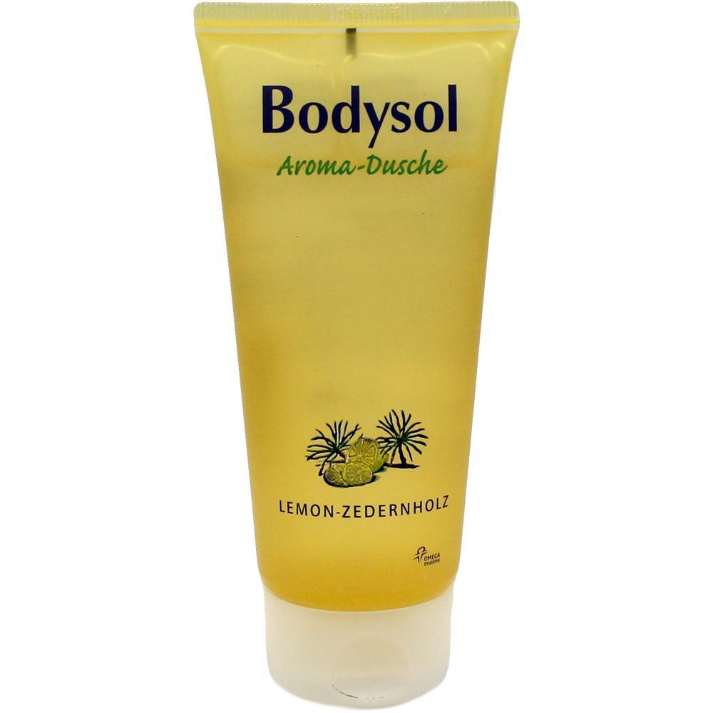Gelbe Flasche mit Bodysol Aroma-Dusche in Lemon-Zedernholz-Duft.