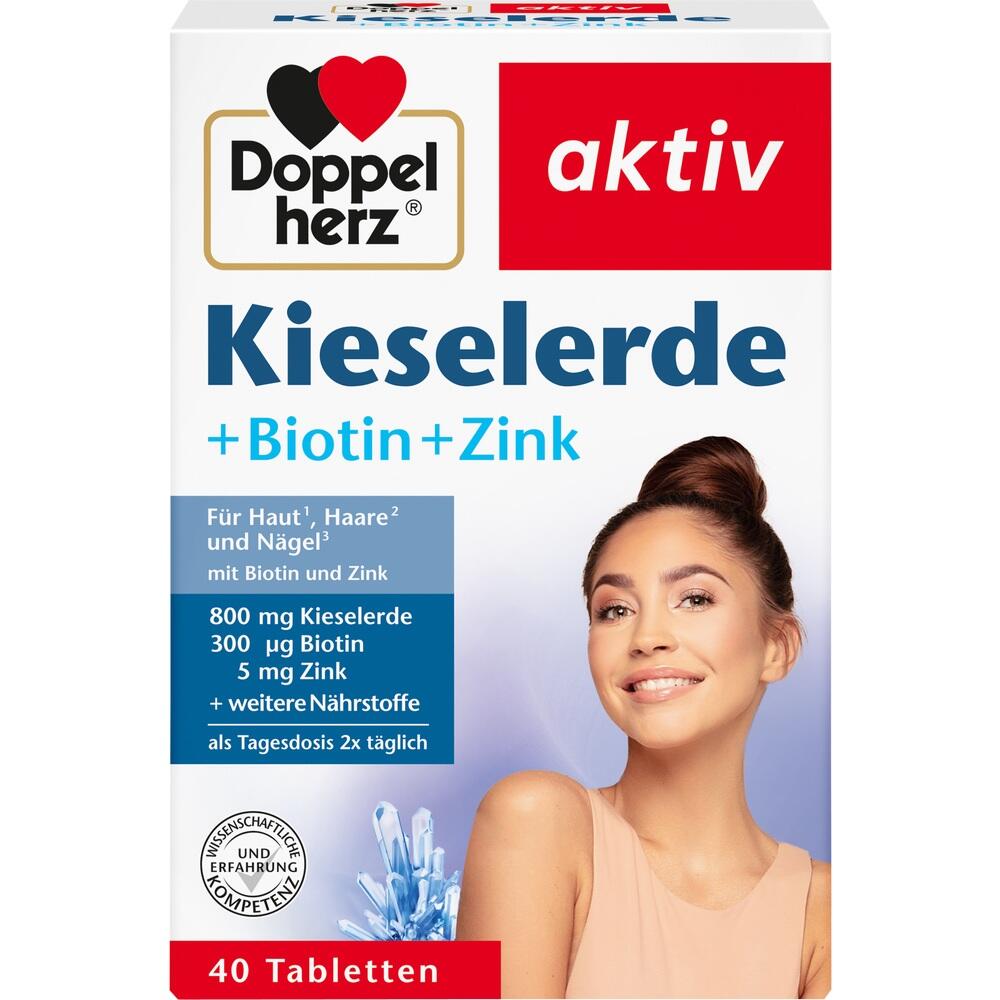 Die Verpackung zeigt ein Nahrungserg&auml;nzungsmittel mit Kieselerde, Biotin und Zink f&uuml;r Haut, Haare und N&auml;gel.