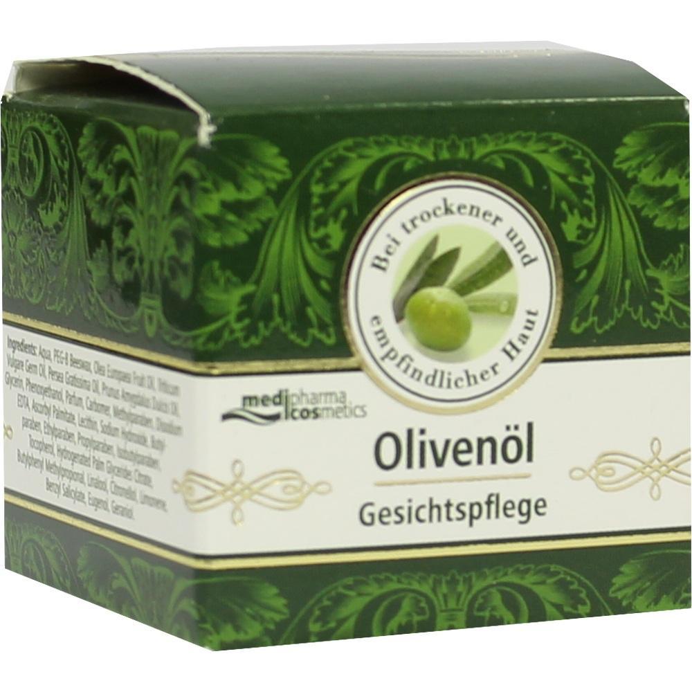 Gr&uuml;ne und wei&szlig;e Schachtel mit Oliven&ouml;l-Gesichtspflege f&uuml;r trockene Haut.