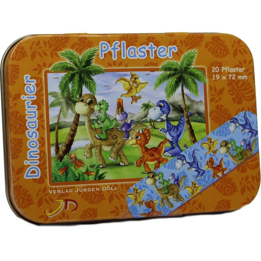Orange Blechdose mit Dinosaurier-Motiven und Aufschrift "Dinosaurier Pflaster".