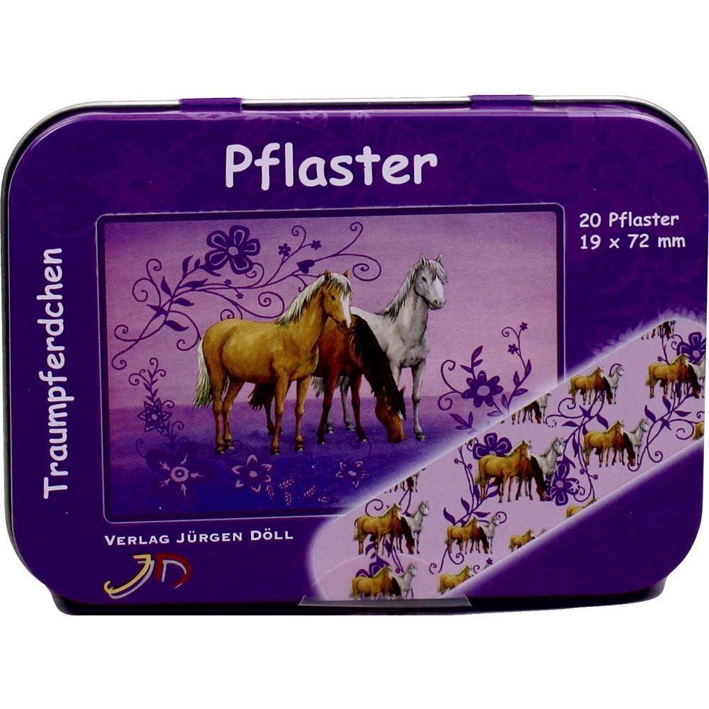 Lila Dose mit Pferdebildern und der Aufschrift "Pflaster" in Weiß.