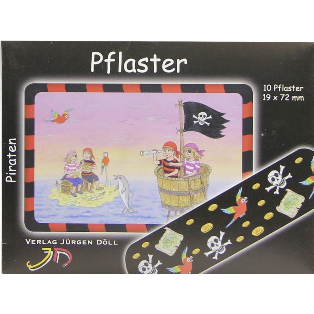 Schachtel mit Pflastern, die Piraten auf einem Flo&szlig; und einem Fass zeigt.