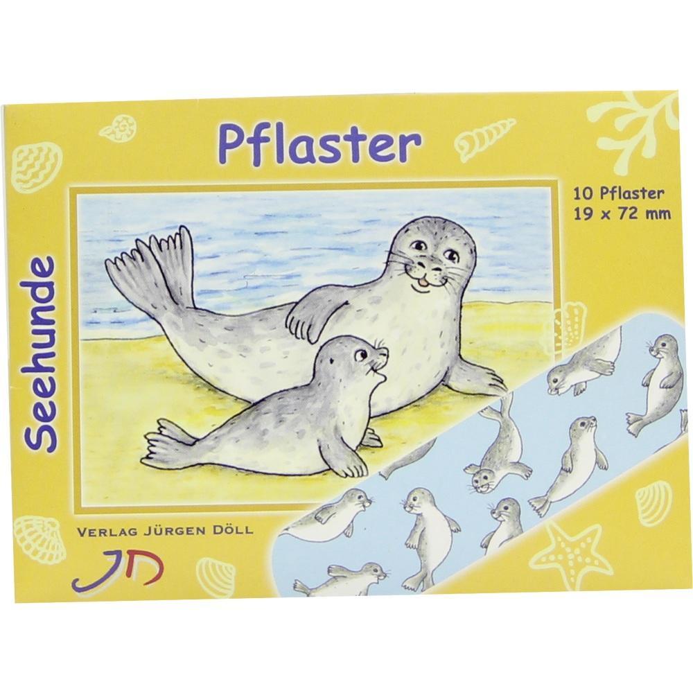 Gelbe Pflasterverpackung mit Zeichnungen von fr&ouml;hlichen Seehunden am Strand.
