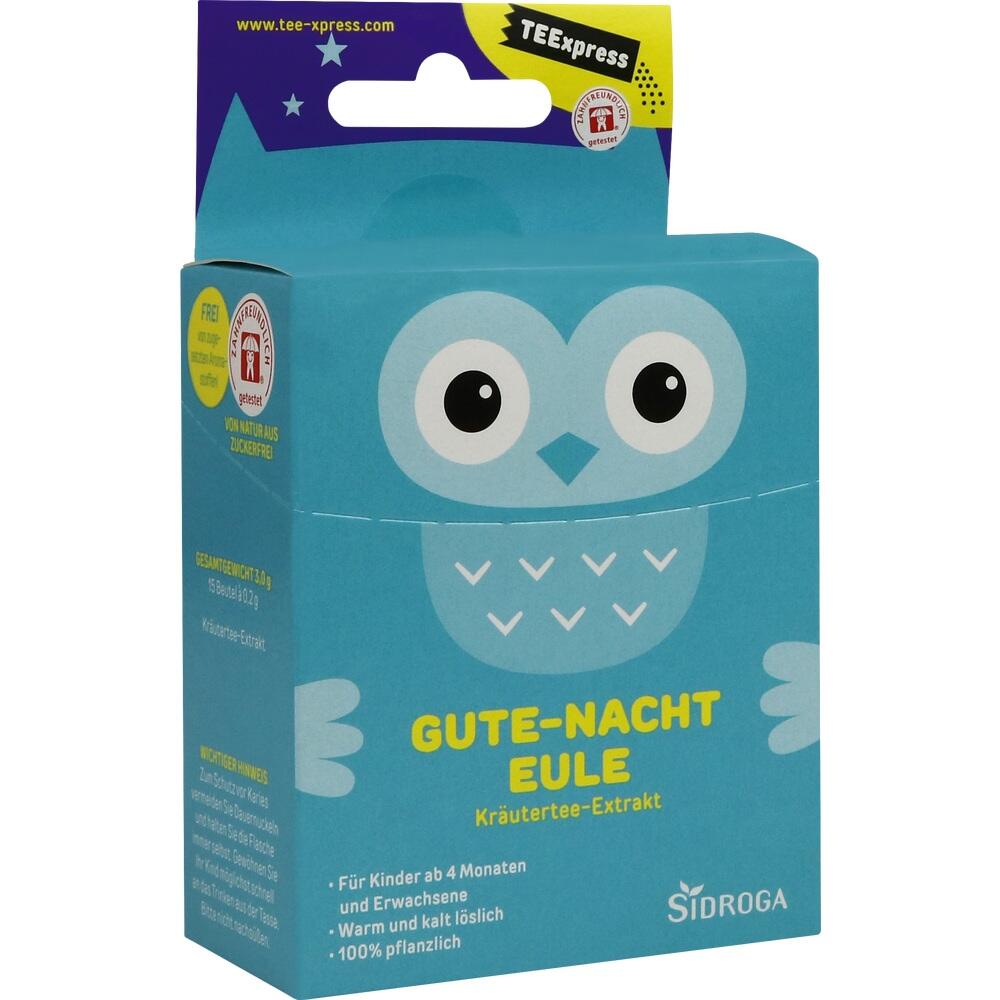 Eine blaue Teepackung mit einer Eule und der Aufschrift "Gute-Nacht Eule".
