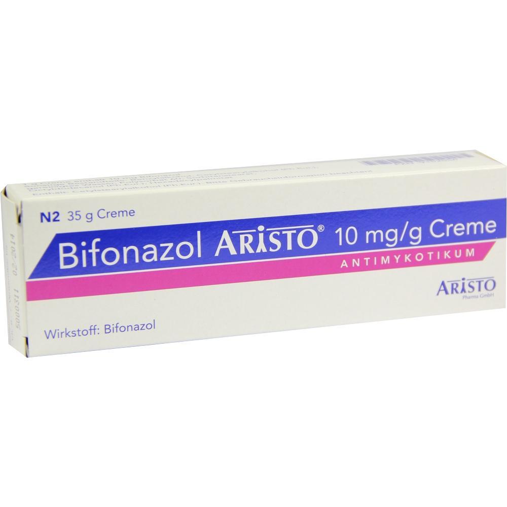 Eine Schachtel mit einer Creme namens Bifonazol Aristo gegen Pilzinfektionen.