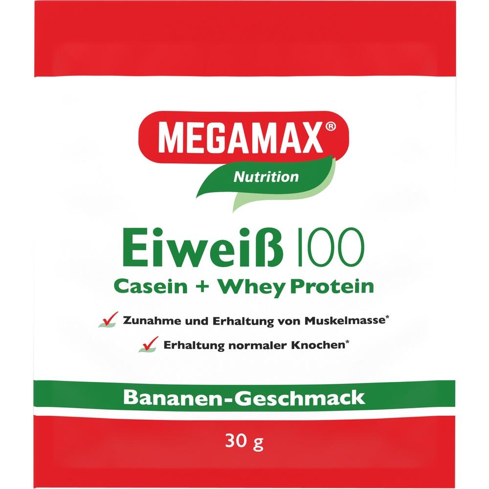 Verpackung von Megamax Eiweißpulver mit Bananengeschmack, 30 g Packung.